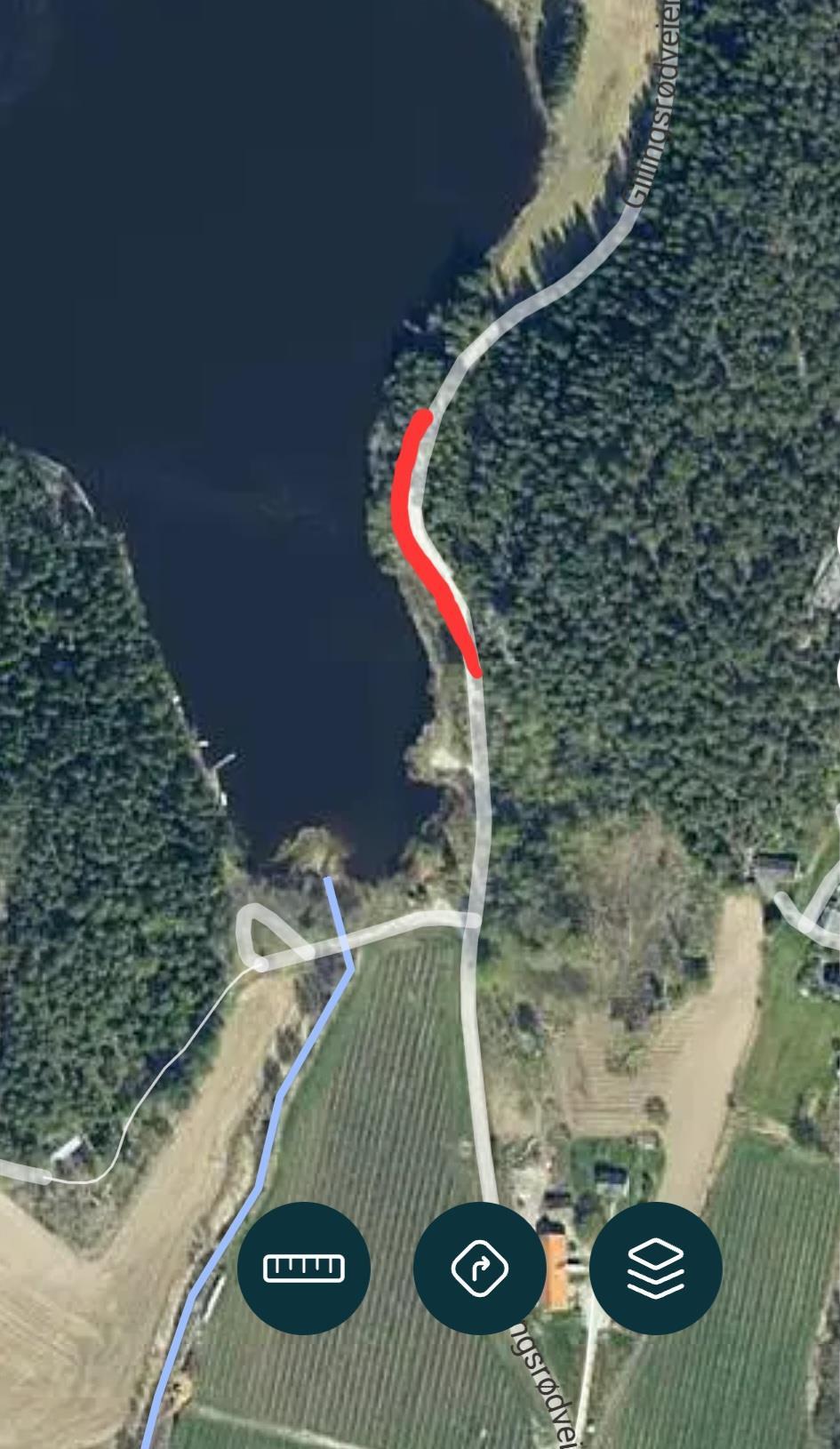 Bilde oventra hvor Gillingrødsveien er markert i rødt - Klikk for stort bilde