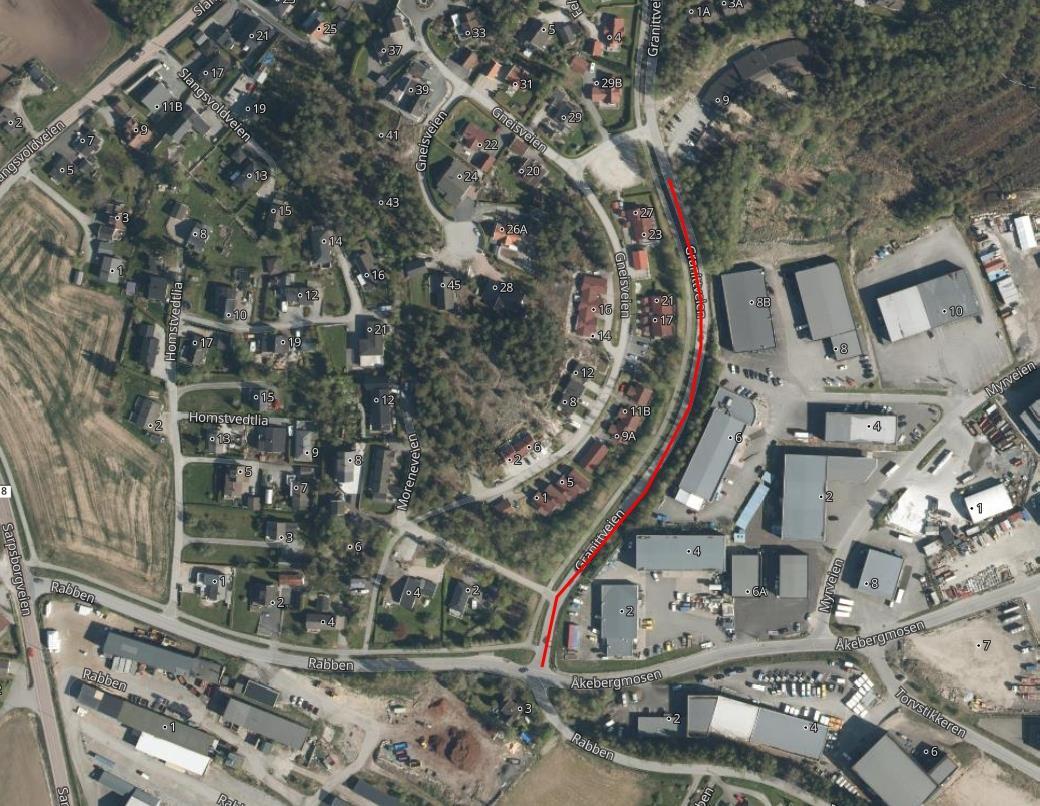 Kartutsnittbilde ovenfra hvor Granittveien er merket - Klikk for stort bilde