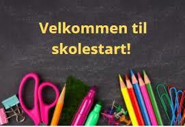 Bilde med penner, fargeblyanter og saks, med ordene: Velkommen til skolestart - Klikk for stort bilde