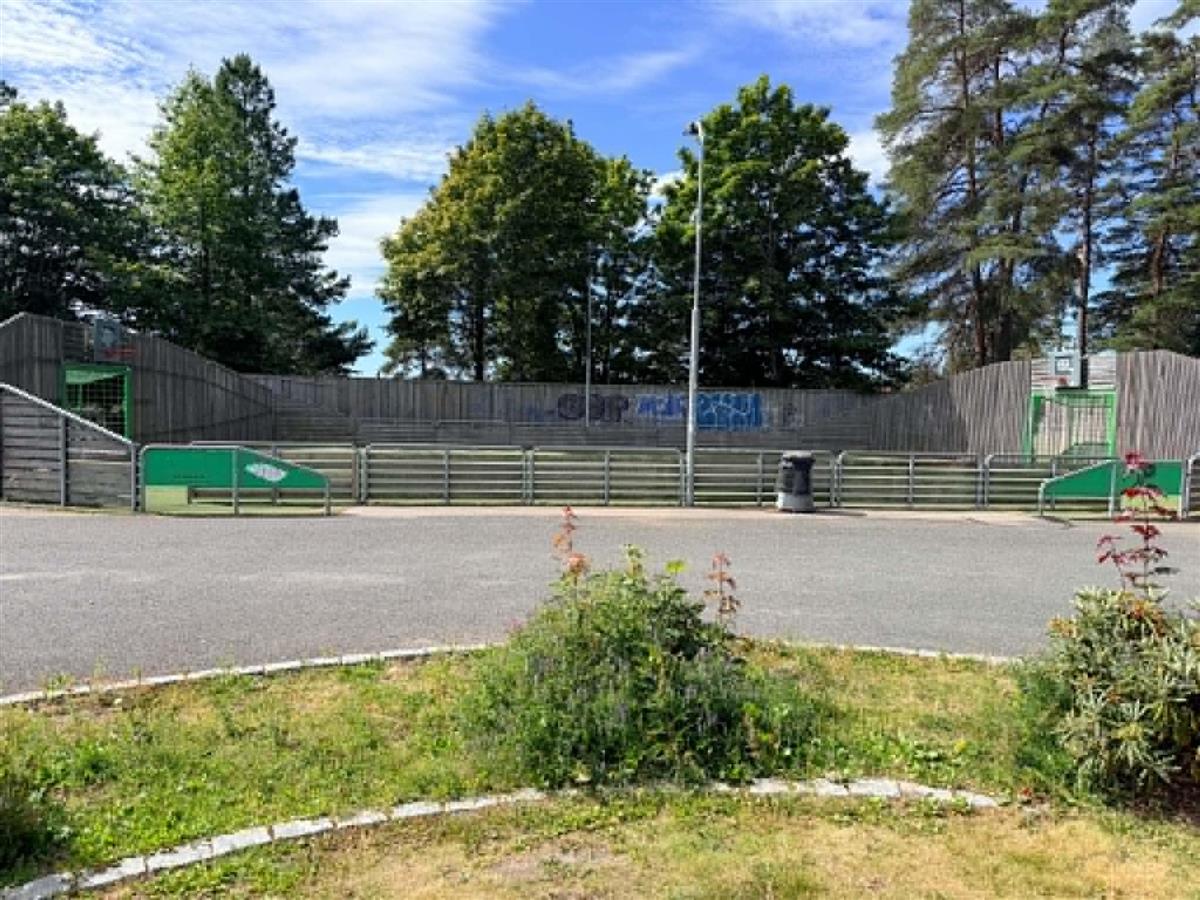 Ballbinge i parken, trær bak, gress og busker foran - Klikk for stort bilde