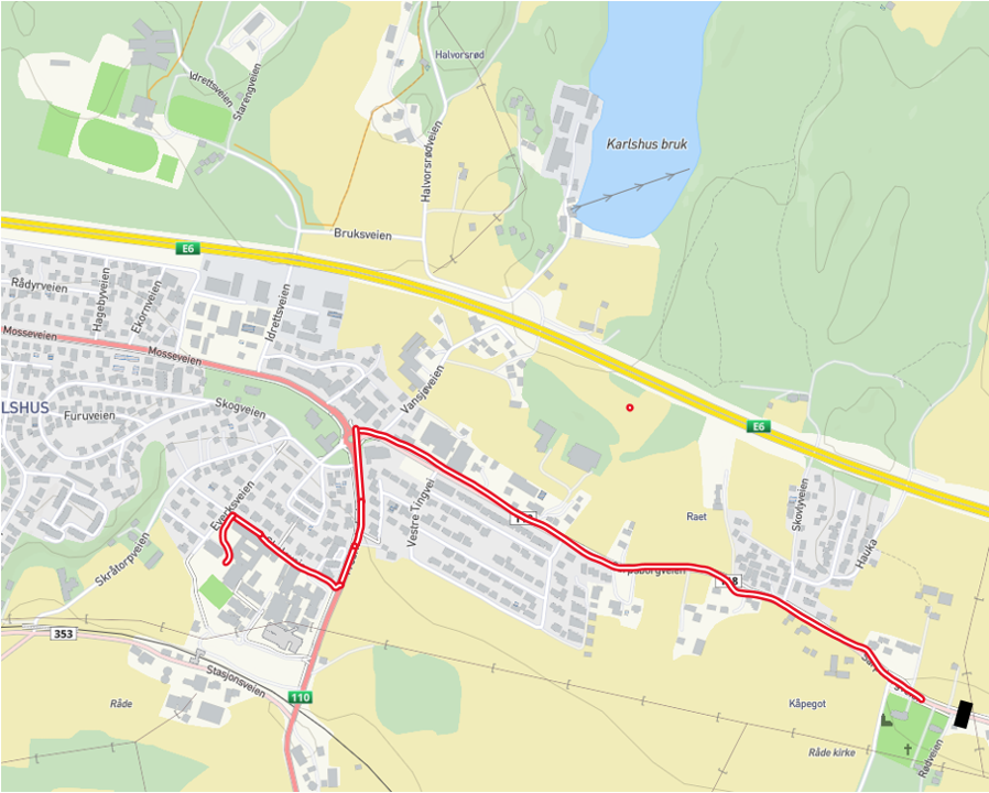 Kartutsnitt av råde hvor barnetoget er merket med rød strek - Klikk for stort bilde