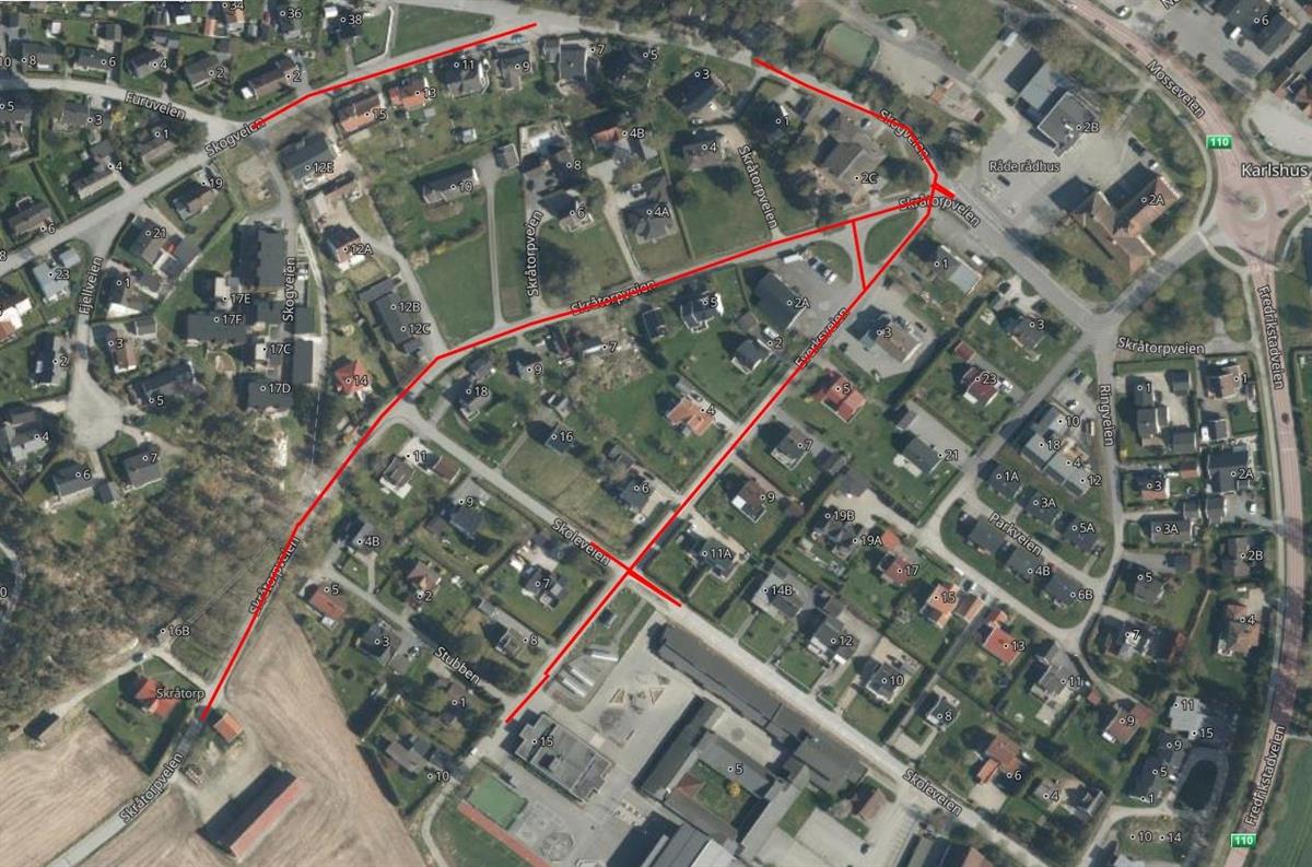 Kartutsnittbilde ovenfra hvor veiene Everksveien, Skogveien og Skråtorpveien - Klikk for stort bilde
